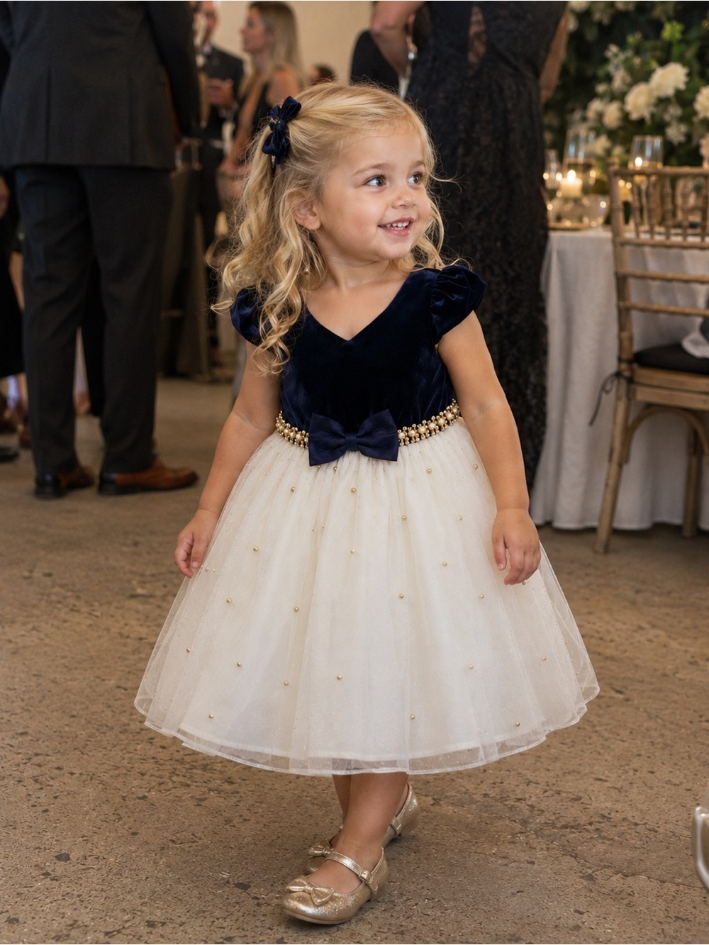 American Princess Formal Navy Cream Tulle Flower Girl Wedding Velvet Beaded 2